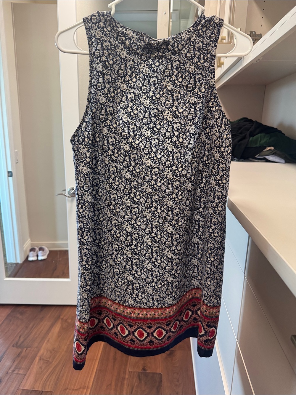 Soprano Navy and White Printed Border-Hem Sleeveless Dress